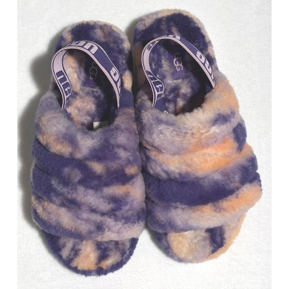 UGG Fluff Yeah Slide Tie Dye Purple Peach Shearling Platform Slippers Size 6 - Picture 5 of 14